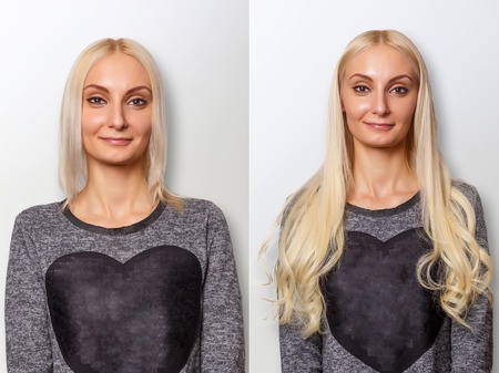 Hair extensions procedure. Hair before and after.の写真素材