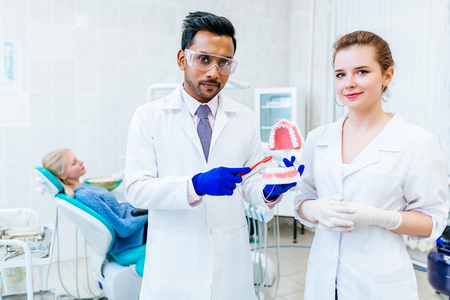 Two Dentist showing jaw model in clinicの写真素材