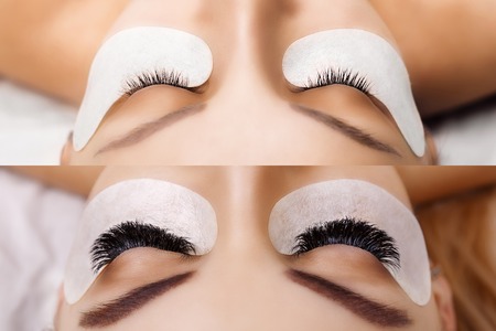 Eyelash Extension. Comparison of female eyes before and after. Hollywood, russian volumeの写真素材