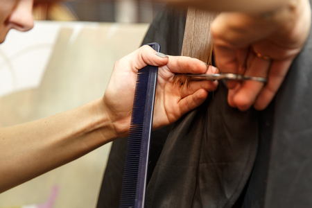 Professional hairdresser dyeing hair of her client in salon. Haircutter cuting hair. Selective focus.の写真素材