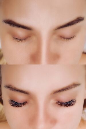 Eyelash Extension. Comparison of female eyes before and after.の写真素材