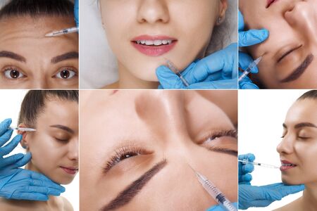 Beautiful woman gets an injection in her face. Collage Rejuvenating facial injections procedure for tightening and smoothing wrinkles on the face.の写真素材