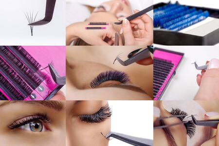 Eyelash extension procedure. Beautiful Woman with long lashes in a beauty salon. Collage.の写真素材