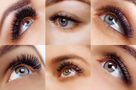 Eyelash extension procedure. Beautiful Woman with long lashes in a beauty salon. Collage of eyes.の写真素材