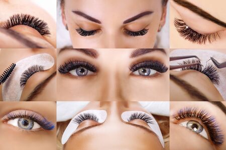 Eyelash extension procedure. Beautiful Woman with long lashes in a beauty salon. Collage.の写真素材