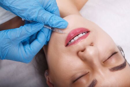 Facial Beauty Injections. Portrait Beautiful Young Woman Receiving Hyaluronic Acid Injection. Closeup Of Hands In Gloves Holding Syringe Near Attractive Female Face.の写真素材