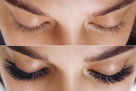 Eyelash Extension. Comparison of female eyes before and after.の写真素材