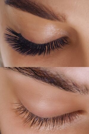 Eyelash Extension. Comparison of female eyes before and after.の写真素材