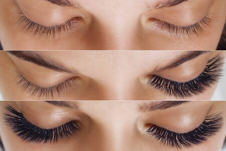 Comparison of female eyes before and after eyelash extensionの写真素材