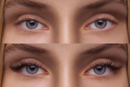 Eyelash Extension. Comparison of female eyes before and after.の写真素材