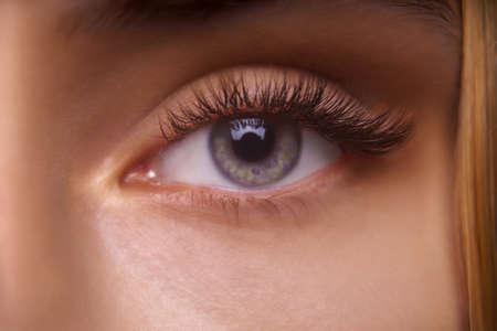 Eyelash Extension Procedure. Woman Eye with Long Eyelashes. Close up, selective focus.