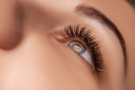 Eyelash Extension Procedure. Woman Eye with Long Eyelashes. Close up, selective focus.の写真素材