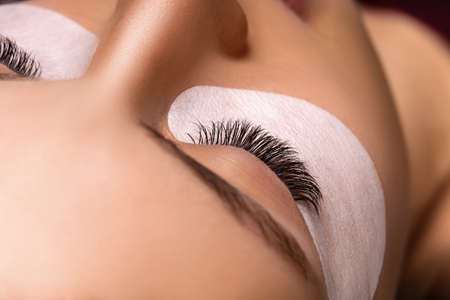 Eyelash Extension Procedure. Close up view of beautiful female eye with long eyelashes, smooth healthy skin.の写真素材