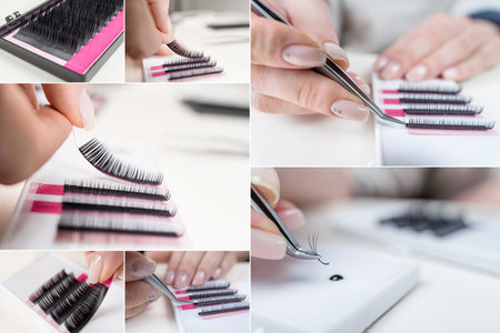Eyelash Extension tools on white background. Accessories for eyelash extensions. Artificial lashes. Collage.の写真素材