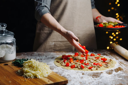 Home Made Pizza Cooking. Woman hand cook pouring tomato slices on dough. Food preparing concept under quarantine due to epidemic.の写真素材