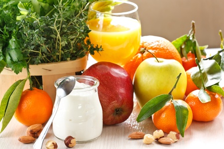 Healthy food concept. Fruits and yoghurt.の写真素材