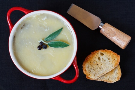 Pate in a red ceramic saucepan with leaves of a sage and a juniper berries.の写真素材