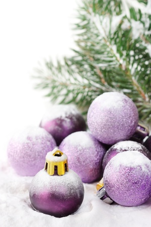Fir and purple christmas baubles with snow.の写真素材