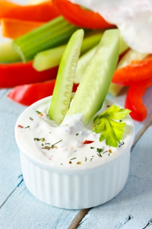 Delicious vegetables and spicy yogurt dip.の写真素材