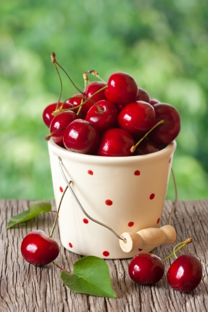 Sweet cherry in a ceramic bucket polka dot の写真素材