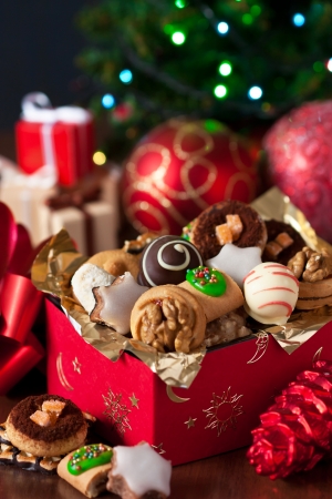 Sweet Christmas cookies in a present box. Selective focus.の写真素材