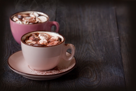 Delicious hot chocolate with marshmallow on woodenの写真素材