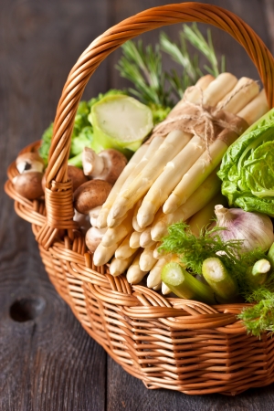 Fresh vegetables and herbs in a basket.の写真素材