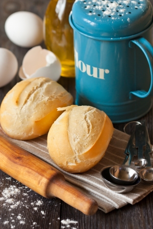 Homemade buns and ingredients. Rustic style.の写真素材
