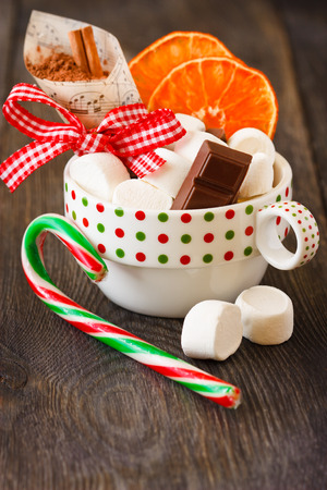 Christmas hot cocoa mix with chocolate, marshmallow and candy cane in mug.の写真素材