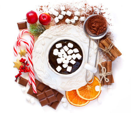 Cup of creamy hot chocolate with marshmallows surrounded food ingredients and some christmas decoration on white background with place for text.の写真素材