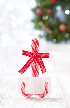 Empty blank name card on candy cane stand for Christmas dinner.の写真素材