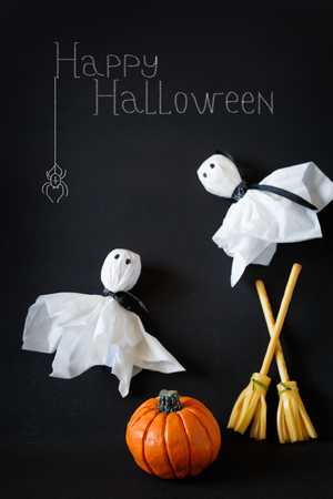 Halloween lolly pop ghosts and pretzel stick cheese broom.の写真素材