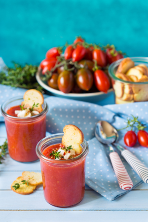 Tasty no-cook soup gaspacho and fresh ingredients.の写真素材
