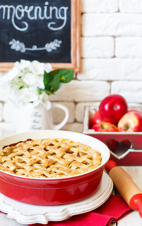 Fresh homemade apple pie with sugar crust.の写真素材
