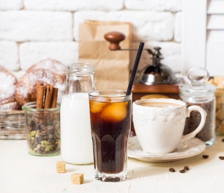 Ingredients and coffee on the counter at the coffee shop. Vintage style.の写真素材