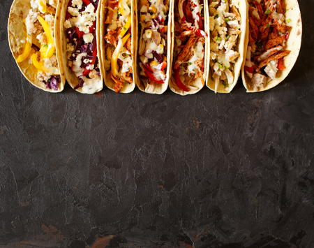 Varied traditional mexican corn tacos flat lay compositionの写真素材