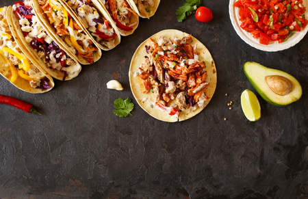 Varied traditional mexican corn tacos flat lay compositionの写真素材