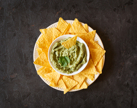 Mexican guacamole and salsa dip with nachos tortilla chipsの写真素材