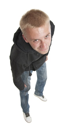Wide-angle portrait of young adult man on white backgroundの写真素材