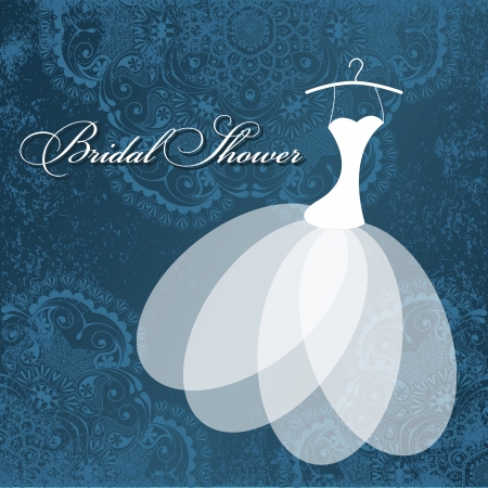 Beautiful invitation card with wedding dress on hangers , vintage floral elements on grunge textured paper.のイラスト素材
