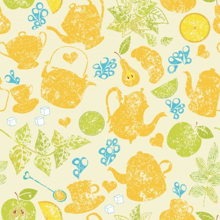 Seamless tea pattern with cups, teapots and fruitsのイラスト素材