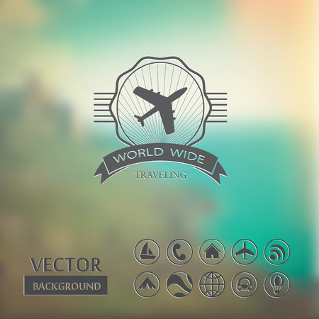  Vector web and mobile interface template, business card or flyer design.  Corporate website design. Summer poster. Travel icons. Blurred landscape. Nature. Vector illustration.のイラスト素材