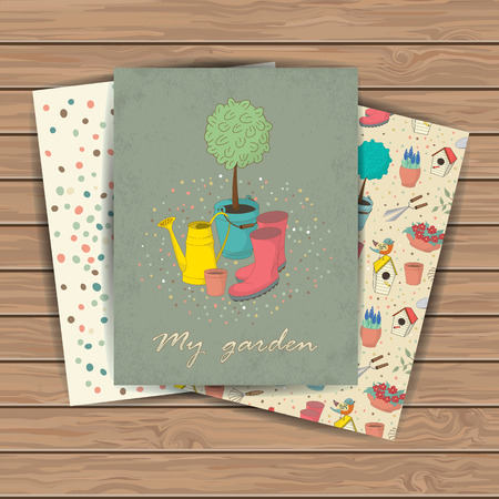 Decorative hand drawn cards with garden tools on wood plank background. Template for design textile, greeting cards, wrapping paper, packages, backgrounds. Vintage vector illustration.のイラスト素材