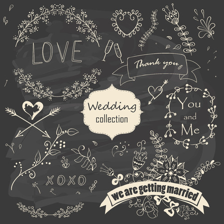 Wedding romantic collection with floral decorations, ribbons, arrows and hearts. Hand drawing vintage set on chalkboard background. Vector illustration.のイラスト素材