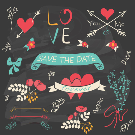 Wedding romantic collection with floral decorations, ribbons, arrows and hearts. Hand drawing vintage set on chalkboard background. Vector illustration.のイラスト素材