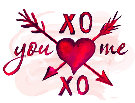 Watercolor you and me lettering,  heart and arrows set. Happy Valentines day and weeding card. Vector illustration.のイラスト素材