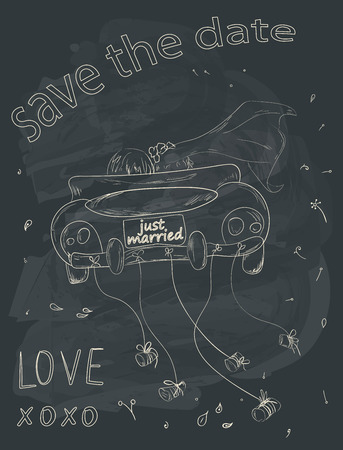 Just married couple in retro car dragging cans. Wedding card design. Hand drawing vintage set on chalkboard background. Vector illustration.のイラスト素材