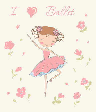 Hand drawn ballerina dancing with flowers. I love ballet card. Vector illustration.のイラスト素材