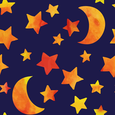 Seamless pattern with moon and stars. Watercolor effect. Vector illustration.のイラスト素材