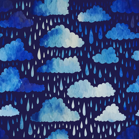 Seamless pattern with clouds and rain. Watercolor effect. Vector illustration.のイラスト素材